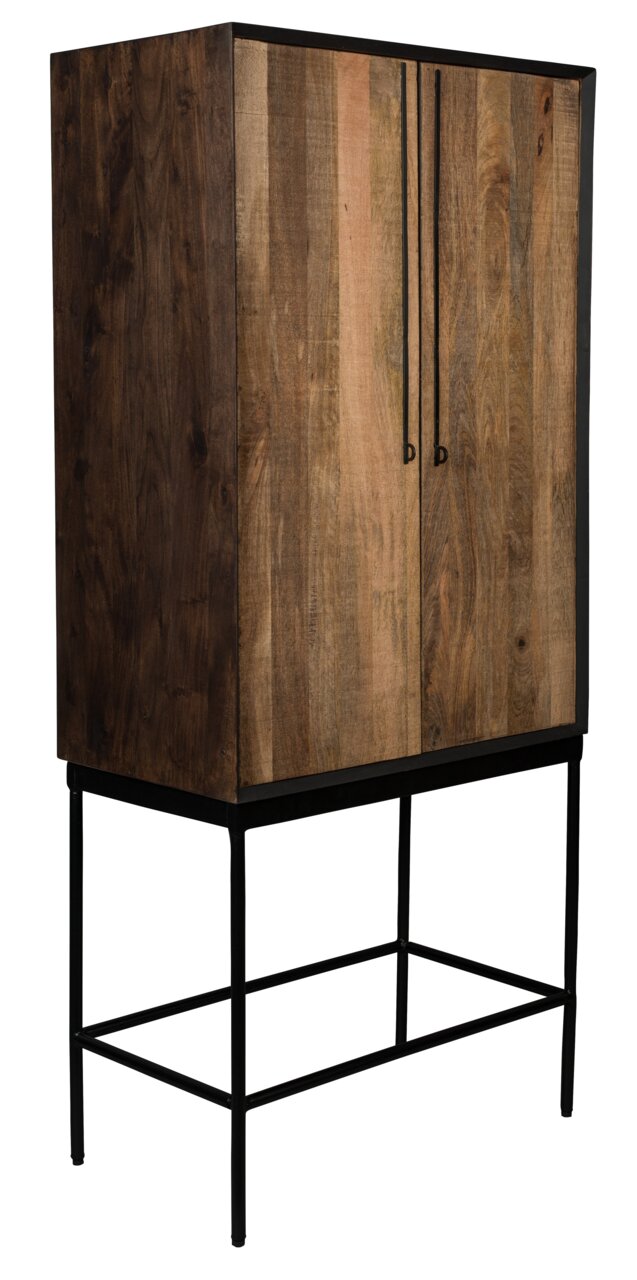 Hoge houten kast met metalen frame, zijaanzicht