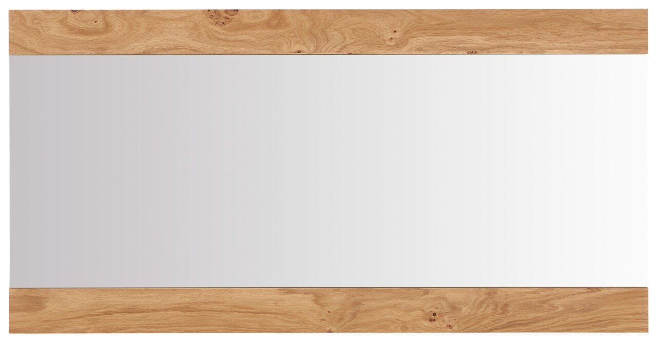 Rechteckiger Wandspiegel mit breitem Rahmen aus hellem Holz oben und unten, Frontalansicht.