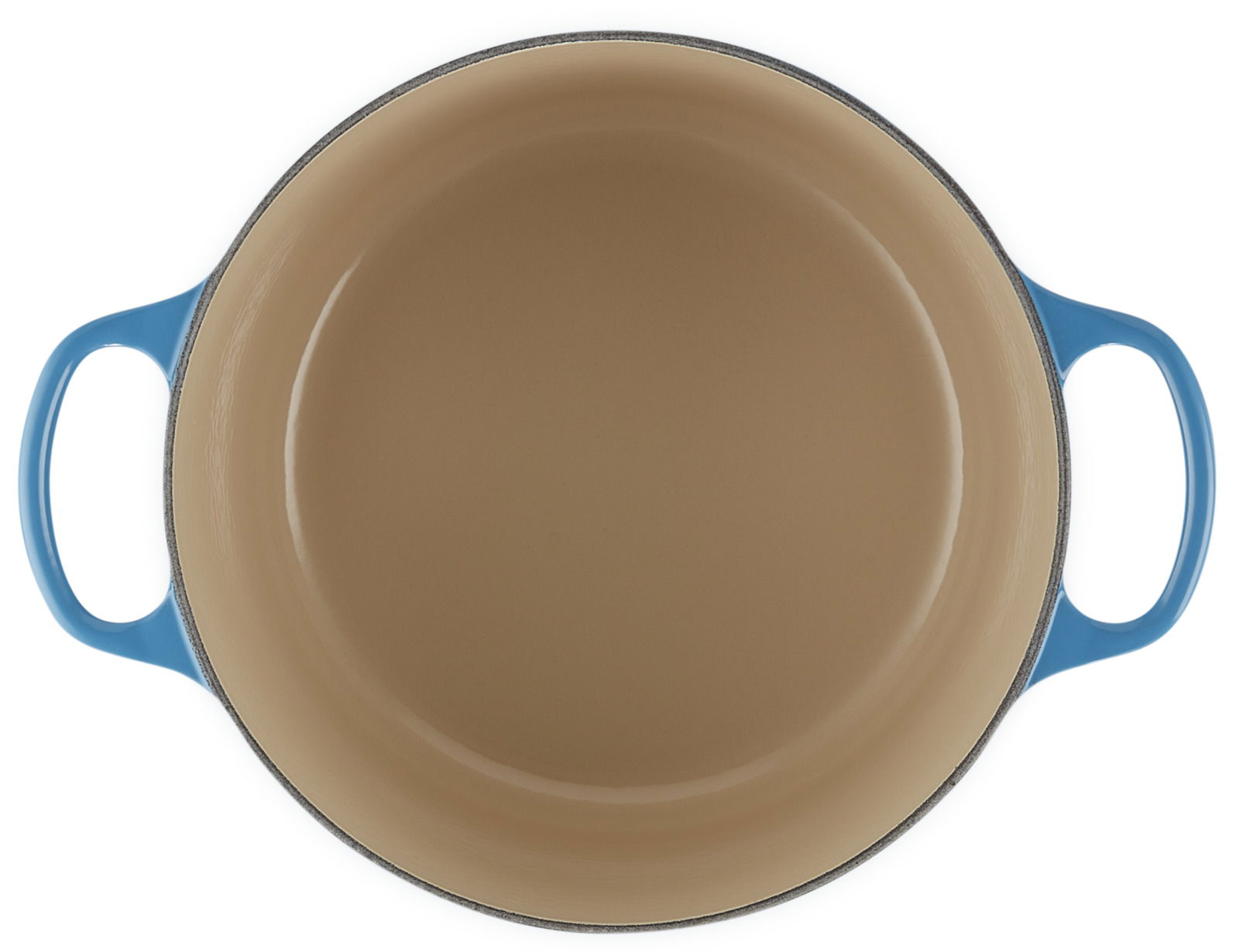 Bräter mit blauen Griffen, Draufsicht