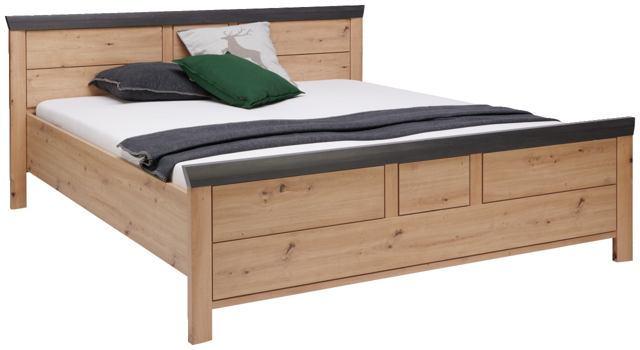 Holzbett mit schwarzem Kopfteil und Fußteil, dekoriert mit Kissen und Decke, seitliche Perspektive