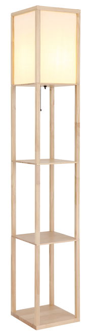 Stehleuchte TABITHA aus hellem Holz mit quadratischem Lampenschirm, frontal abgebildet.