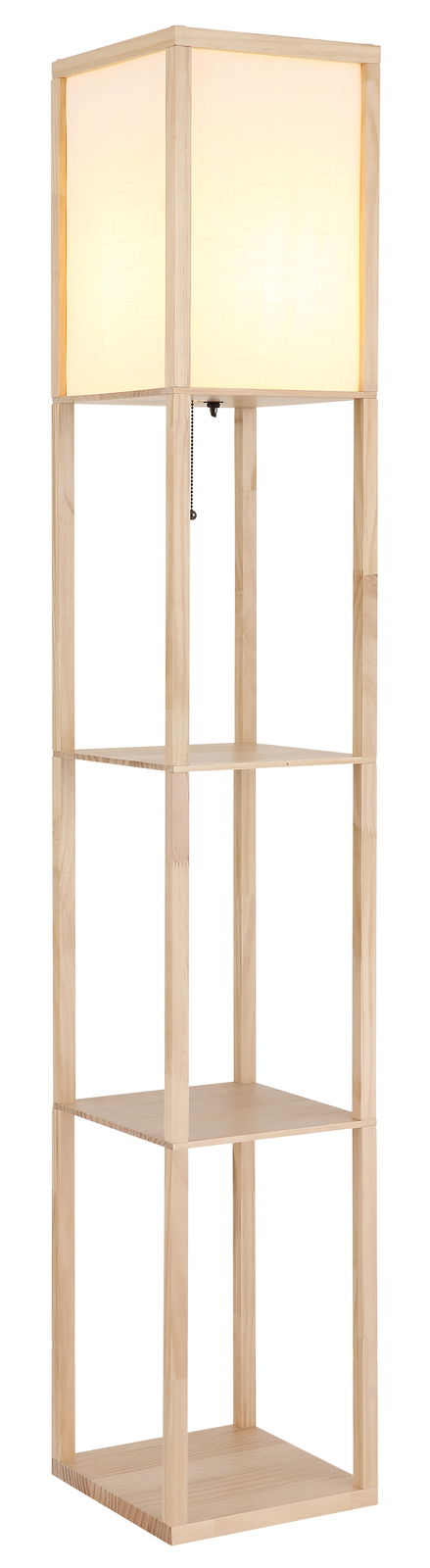 Stehleuchte TABITHA aus hellem Holz mit quadratischem Lampenschirm, frontal abgebildet.