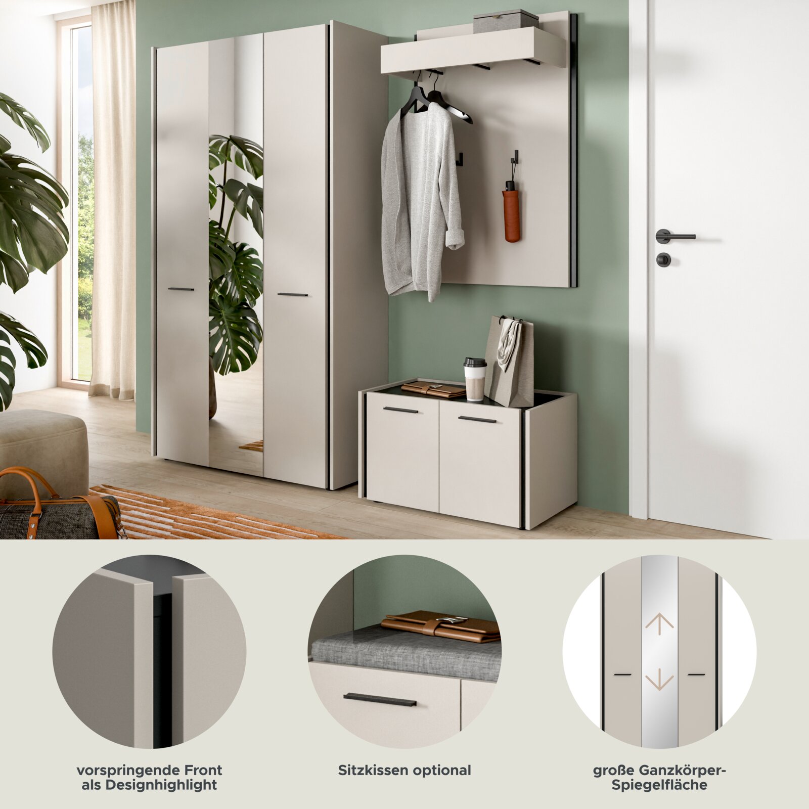 Modernes Garderoben-Set im Flur mit weißem Kleiderschrank mit großer Spiegel-/Ganzkörperspiegelfläche, Wandpaneel mit Ablage und Haken sowie Schuhbank mit Sitzfläche, frontal aus leicht schräger Perspektive von links fotografiert