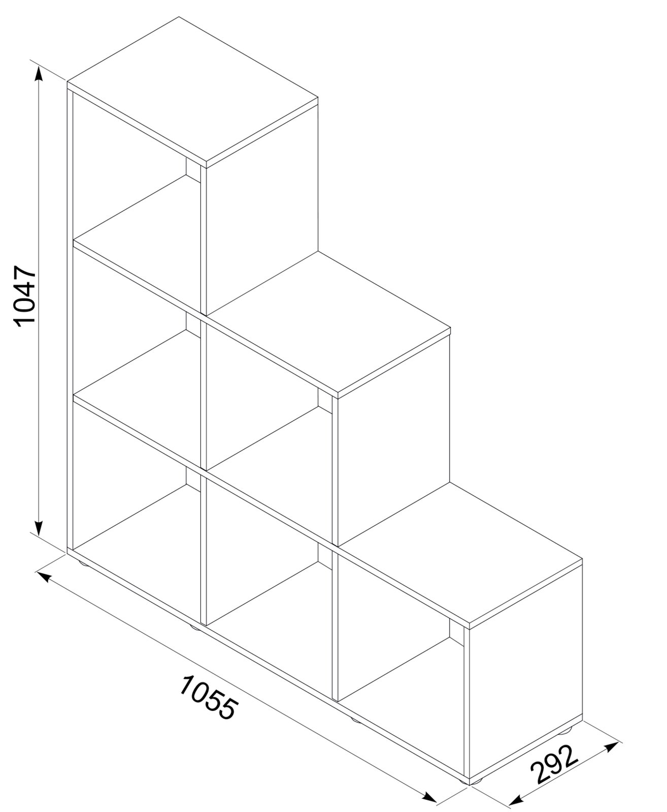 Technische isometrische Ansicht eines treppenförmigen Regals mit offenen Fächern, Maße ca. 1055 × 292 × 1047 mm (B×T×H).