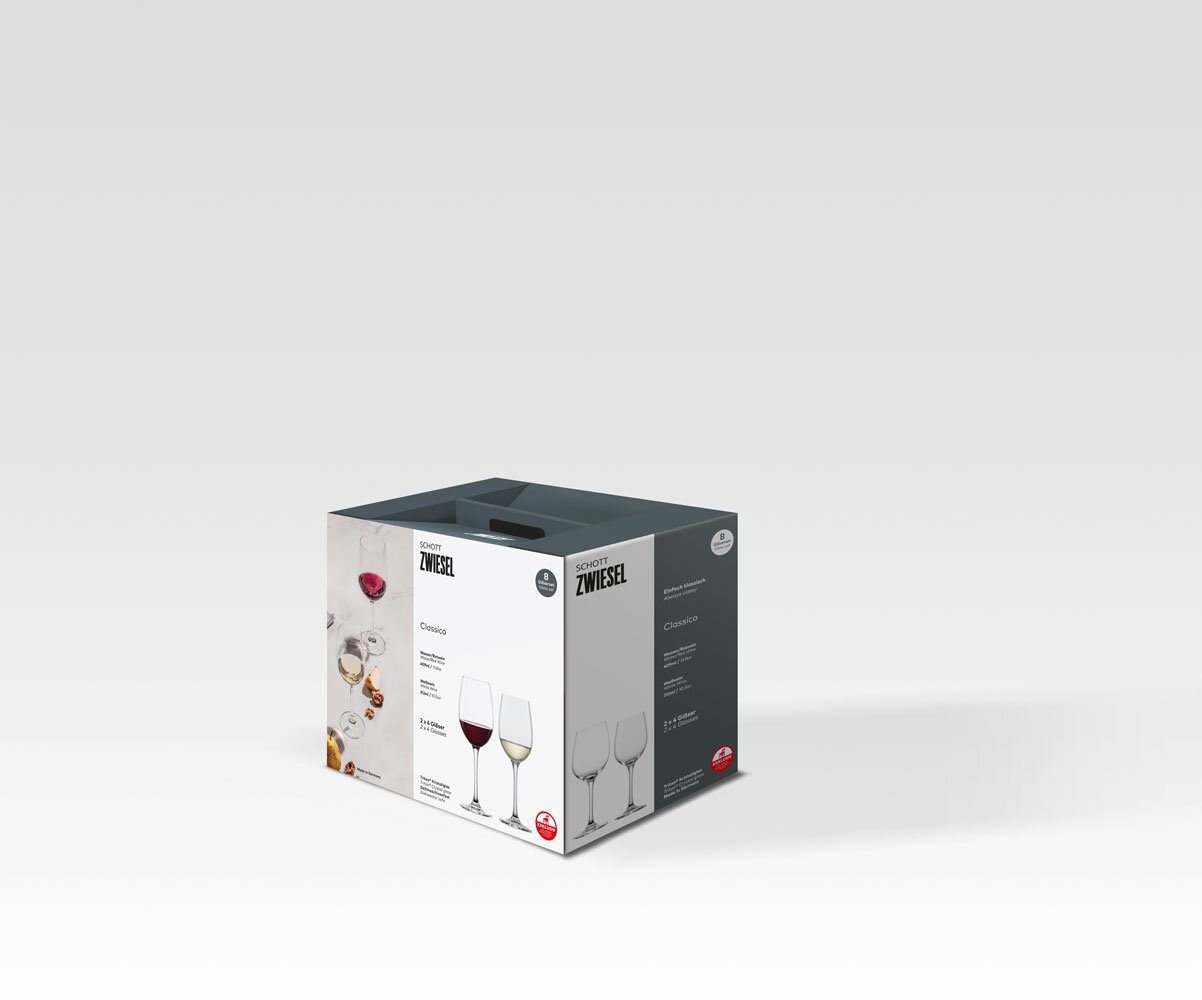 Verpackung des Kelchglassets Classico 8-tlg. von Schott Zwiesel, seitliche Perspektive