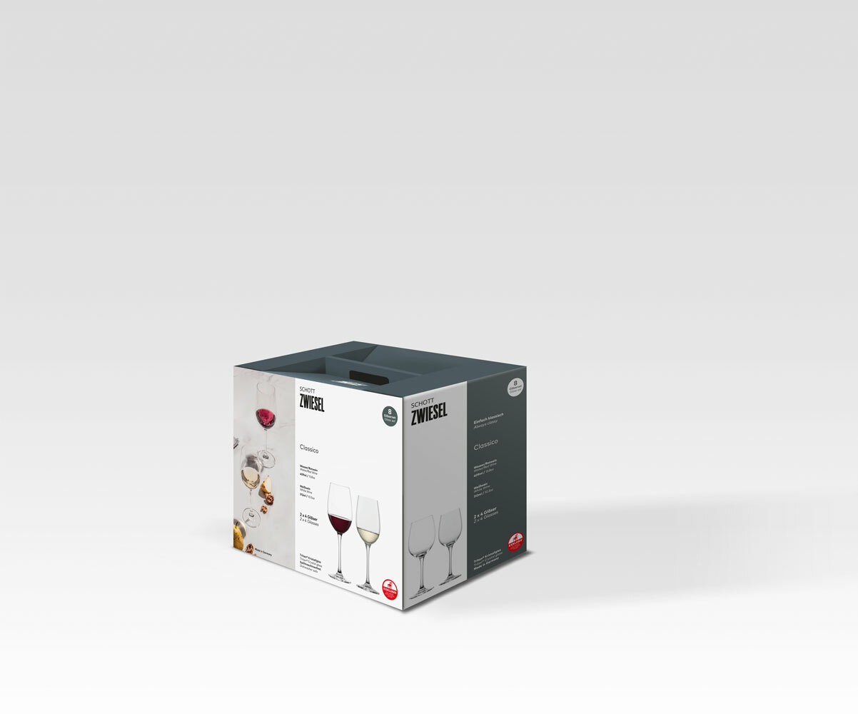 Verpackung des Kelchglassets Classico 8-tlg. von Schott Zwiesel, seitliche Perspektive