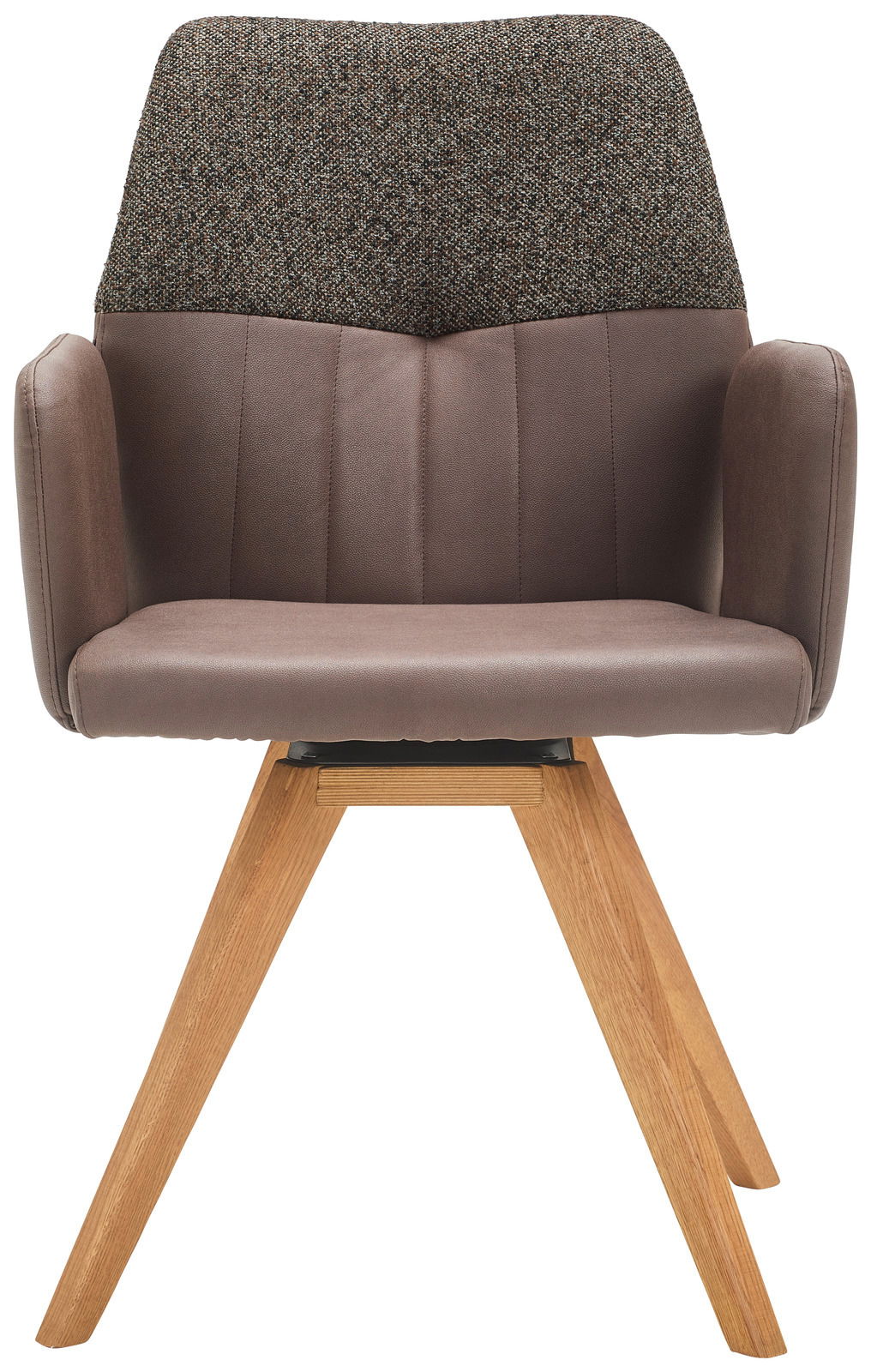 Moderner Armlehnstuhl mit braunem Lederbezug und gemustertem Stoffrücken, auf Holzbeinen. Frontalansicht.