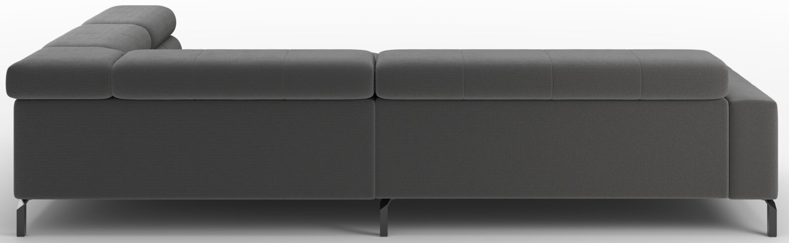 Donkergrijze modulaire hoekbank met chaise longue en verstelbare rugkussens, zijaanzicht op witte achtergrond