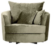 Grüner Sessel mit runder Form und zwei Kissen, Frontalansicht