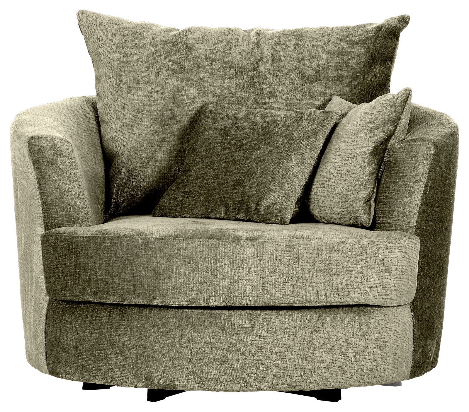 Grüner Sessel mit runder Form und zwei Kissen, Frontalansicht