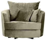 Grüner Sessel mit runder Form und zwei Kissen, Frontalansicht