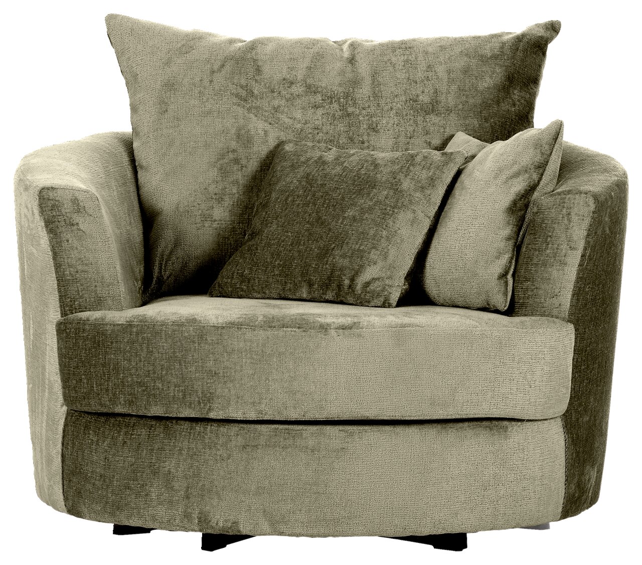 Groene fauteuil met ronde vorm en twee kussens, vooraanzicht