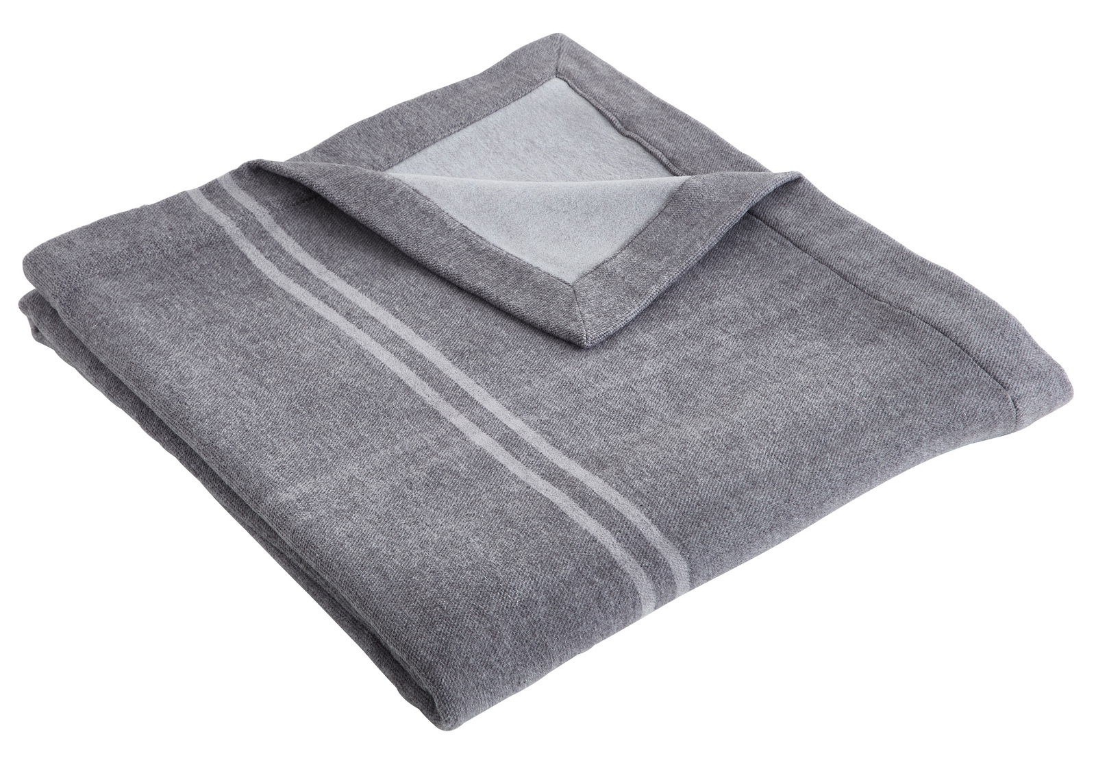 Linneweber Wohndecke BRAGA Graue Wohndecke 150x200cm mit Streifenmuster, gefaltet und aus der Vogelperspektive fotografiert