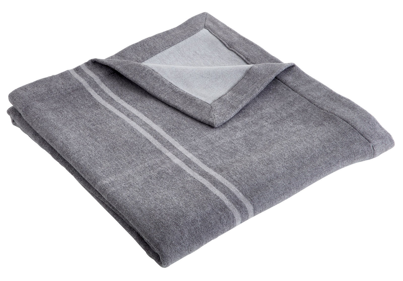 Linneweber Wohndecke BRAGA Graue Wohndecke 150x200cm mit Streifenmuster, gefaltet und aus der Vogelperspektive fotografiert