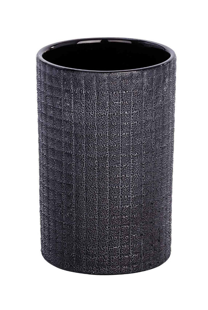 Wenko Zahnputzbecher POLARIS JET Schwarzer Keramik Zahnputzbecher mit strukturierter Oberfläche, seitliche Perspektive