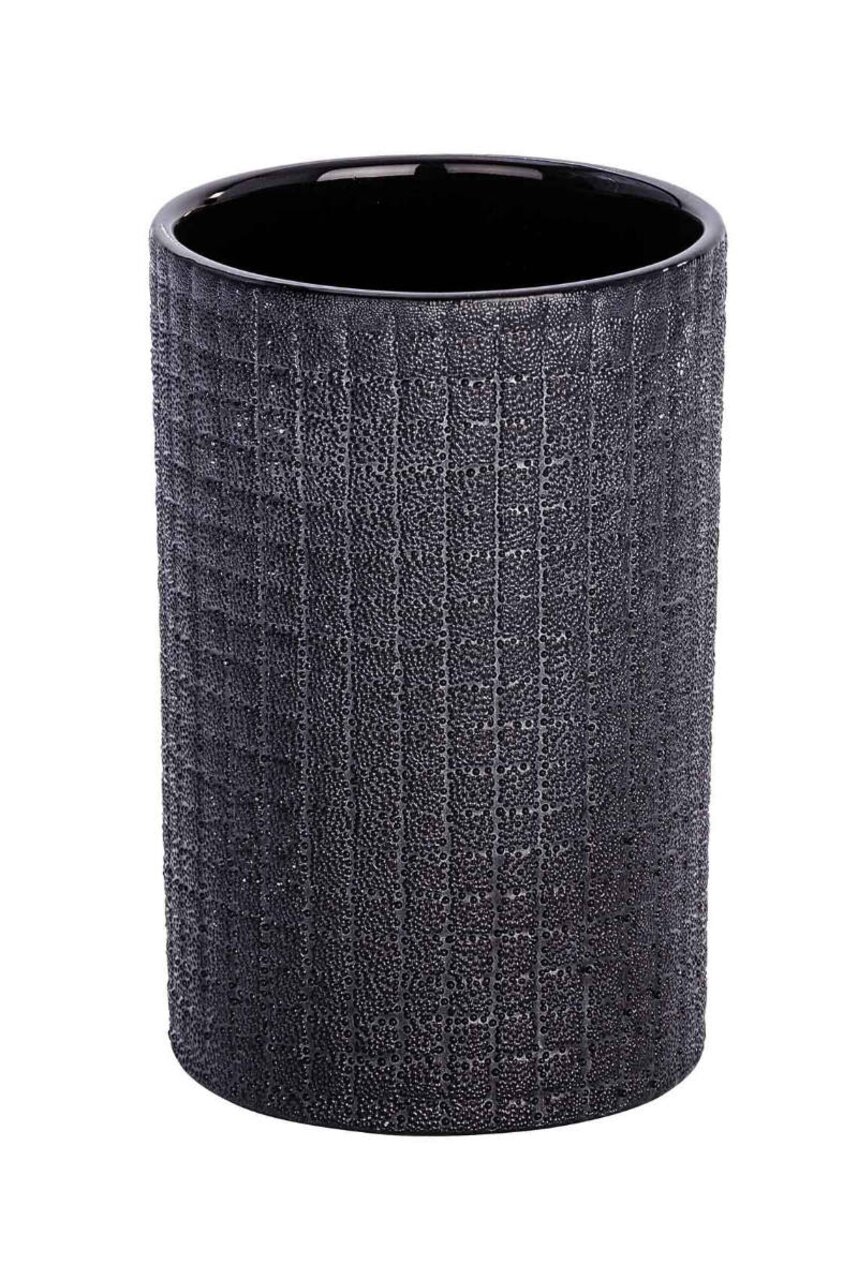 Schwarzer Keramik Zahnputzbecher mit strukturierter Oberfläche, seitliche Perspektive