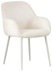 Weißer Armlehnstuhl mit geripptem Stoffbezug, seitliche Perspektive