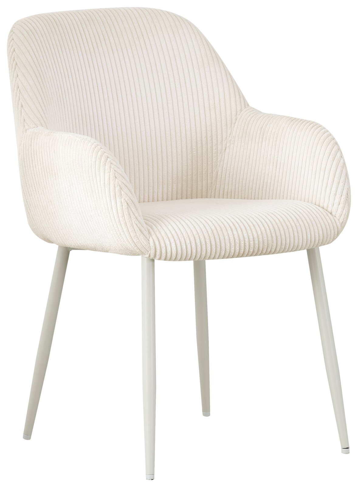 Weißer Armlehnstuhl mit geripptem Stoffbezug, seitliche Perspektive