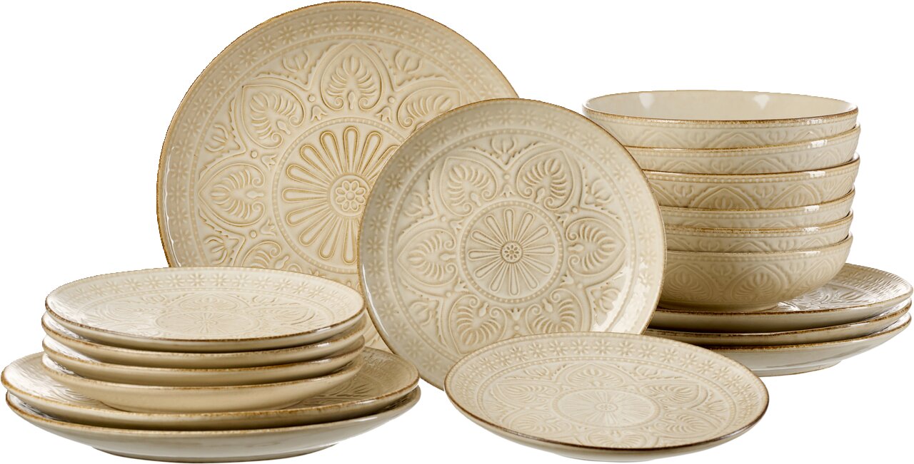Ritzenhoff & Breker Tellerset 18-tlg. OMARA Tellerset Omara 18-tlg. in beige mit dekorativem Muster, seitliche Perspektive