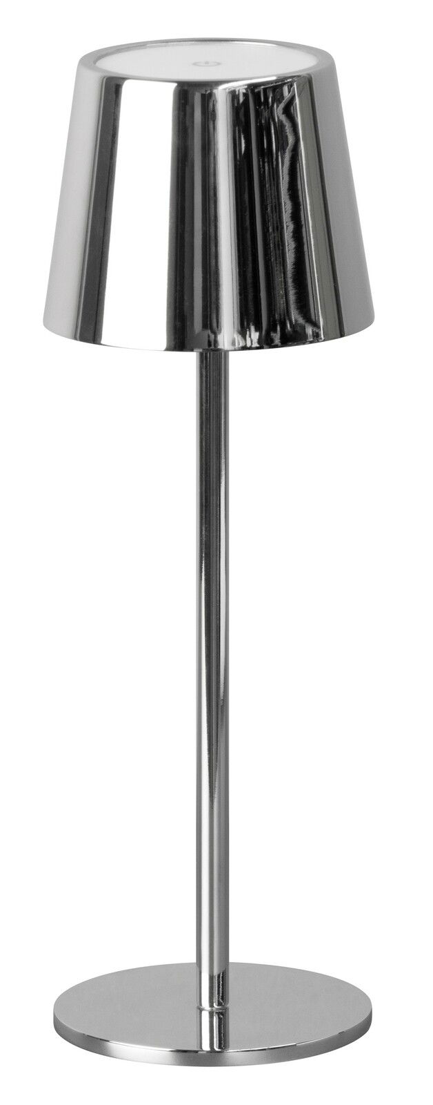 Moderne Akku-Tischleuchte ROXI in glänzendem Metall, frontal abgebildet.