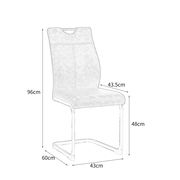 Seitenansicht eines modernen Schwingstuhls mit gepolsterter Sitzfläche und Rückenlehne, Metallgestell und Griffloch im oberen Bereich der Rückenlehne. Maße: 96cm hoch, 60cm tief, 43cm breit.