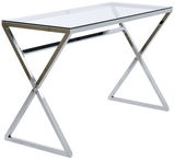 Moderner Schreibtisch mit Glasplatte und verchromtem Metallgestell in X-Form, seitliche Perspektive