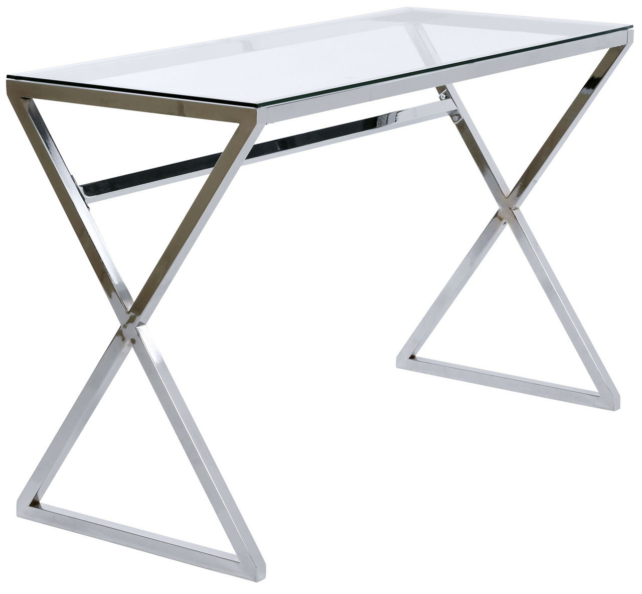 Jahnke Schreibtisch X-TRA D 140 Moderner Schreibtisch mit Glasplatte und verchromtem Metallgestell in X-Form, seitliche Perspektive