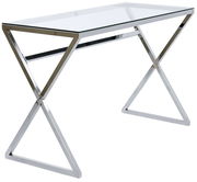 Moderner Schreibtisch mit Glasplatte und verchromtem Metallgestell in X-Form, seitliche Perspektive