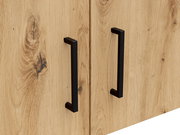 Nahaufnahme eines Holz-Aufsatzschranks mit zwei schwarzen Griffen, seitliche Perspektive