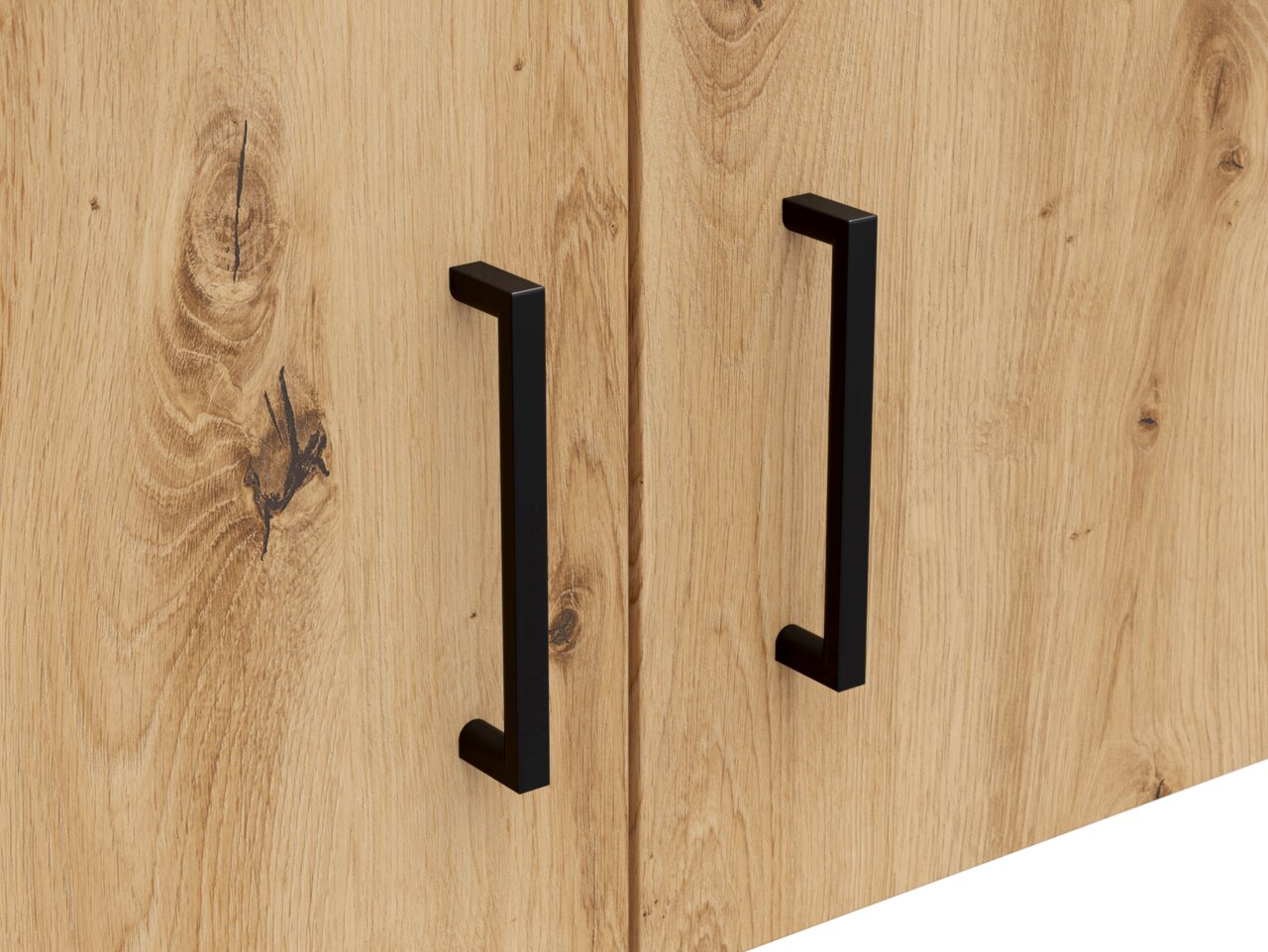 Nahaufnahme eines Holz-Aufsatzschranks mit zwei schwarzen Griffen, seitliche Perspektive