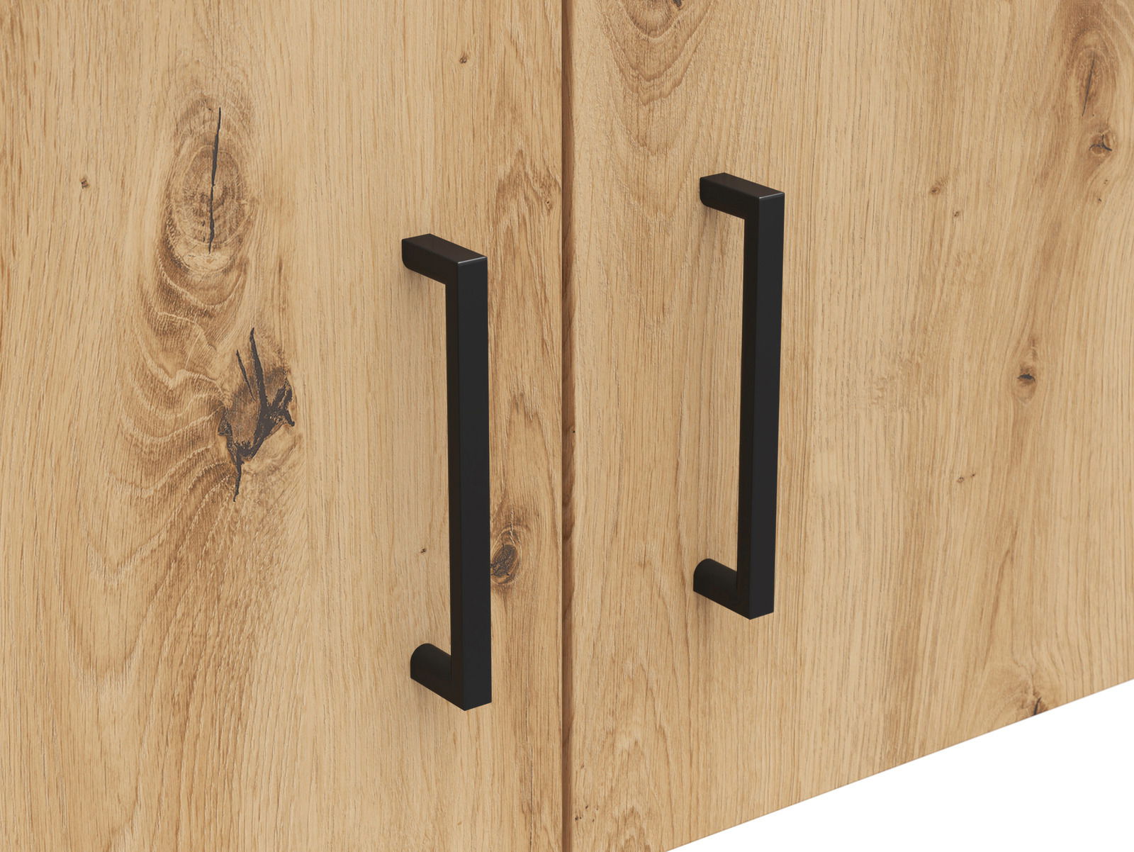 Nahaufnahme eines Holz-Aufsatzschranks mit zwei schwarzen Griffen, seitliche Perspektive