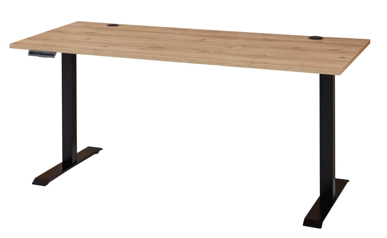 Elektrisch höhenverstellbarer Schreibtisch aus Melamin mit Holzoptik, seitliche Perspektive