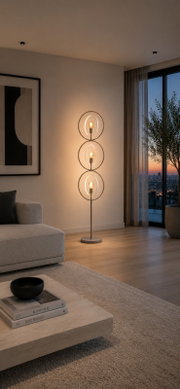 Moderne metalen vloerlamp met drie verticaal geplaatste ronde frames en warme lichtbronnen, vanuit vooraanzicht in een stijlvol interieur bij zonsondergang