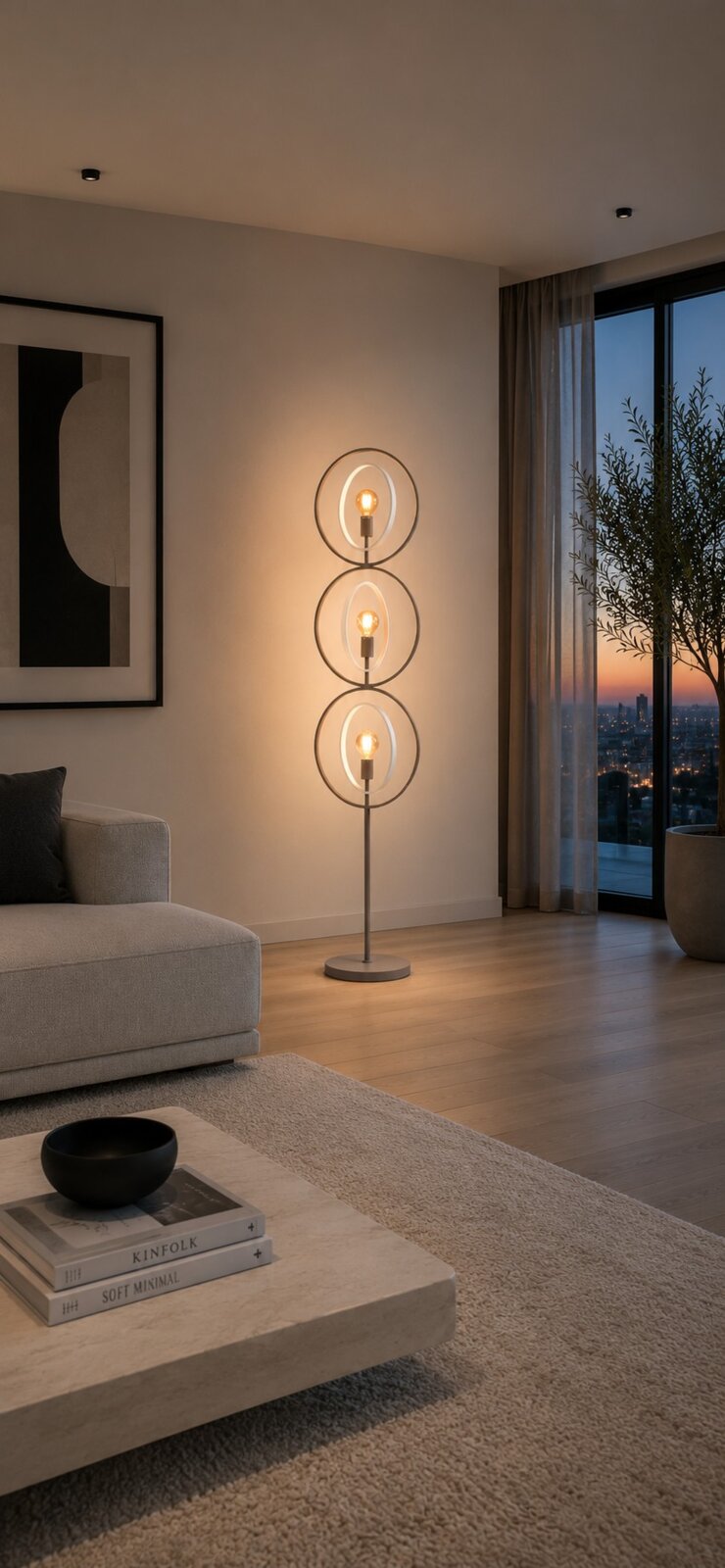 Moderne metalen vloerlamp met drie verticaal geplaatste ronde frames en warme lichtbronnen, vanuit vooraanzicht in een stijlvol interieur bij zonsondergang