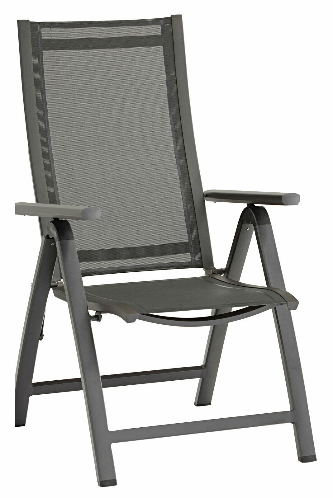 Moderner Klappsessel aus Metall mit Netzbespannung, seitliche Perspektive