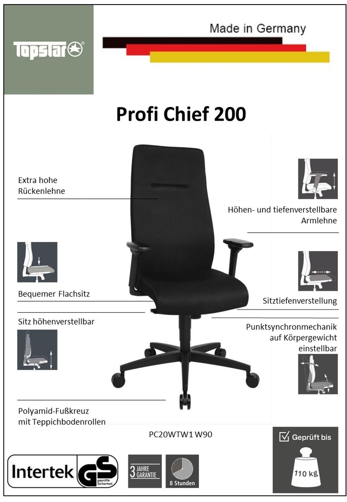 Schwarzer Chefsessel mit hoher Rückenlehne, höhen- und tiefenverstellbaren Armlehnen, bequemem Flachsitz und Polyamid-Fußkreuz mit Teppichbodenrollen, frontal abgebildet.