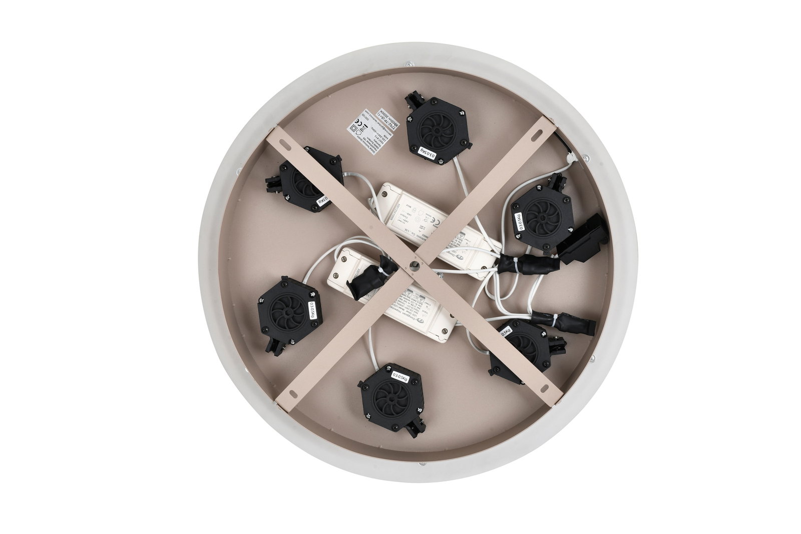 Rückansicht einer runden LED-Pendelleuchte mit sichtbaren elektrischen Komponenten und Kabeln.