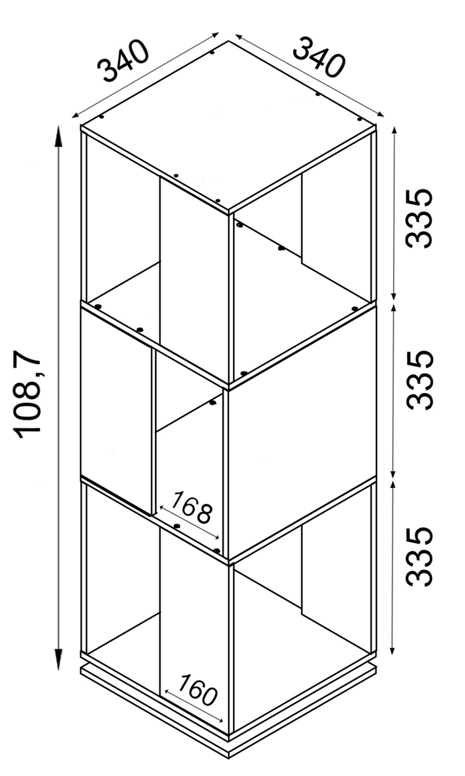 Isometrische Ansicht eines modularen, dreistöckigen Würfel-Regals mit offenen Fächern und Maßangaben (ca. 340 × 340 mm je Ebene, Gesamthöhe ca. 1087 mm).