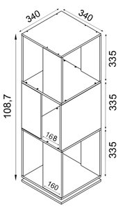 Isometrische Ansicht eines modularen, dreistöckigen Würfel-Regals mit offenen Fächern und Maßangaben (ca. 340 × 340 mm je Ebene, Gesamthöhe ca. 1087 mm).
