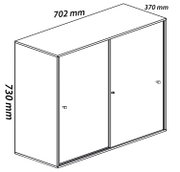 Technische Zeichnung eines zweiflügeligen Wandschranks/Oberschranks mit Maßen 702 mm Breite, 370 mm Tiefe und 730 mm Höhe, dargestellt in schräger Vorderansicht (Perspektive).