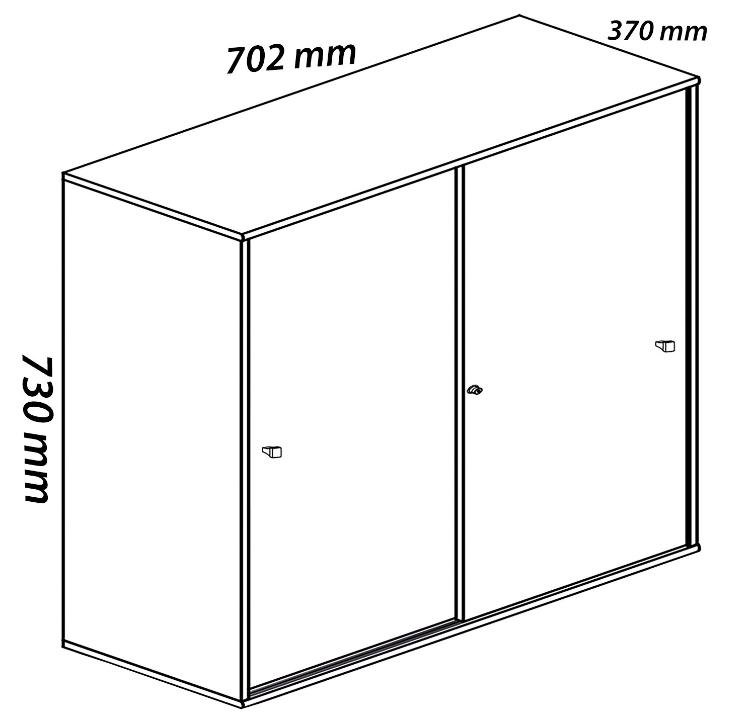 Technische Zeichnung eines zweiflügeligen Wandschranks/Oberschranks mit Maßen 702 mm Breite, 370 mm Tiefe und 730 mm Höhe, dargestellt in schräger Vorderansicht (Perspektive).