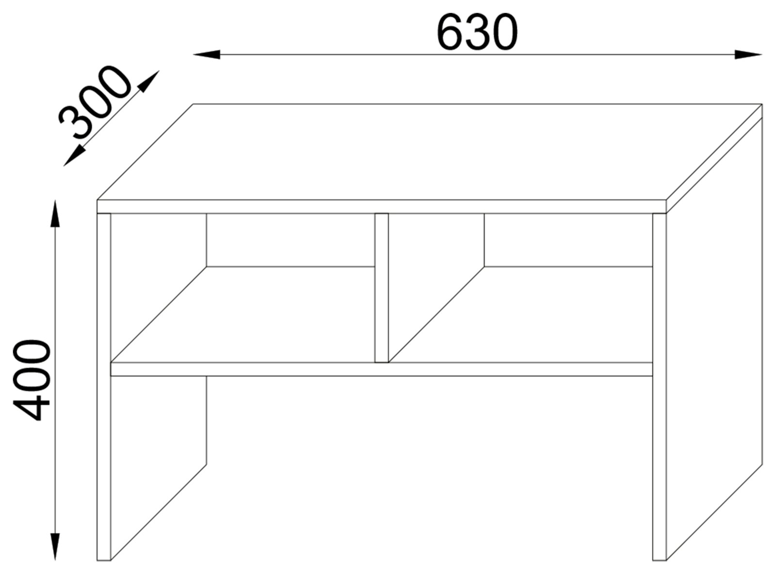 Technische Strichzeichnung eines kompakten Regals/Beistelltischs mit Ablagefach, Maße ca. 630 x 300 x 400 mm, in schräger Perspektive von vorne rechts dargestellt