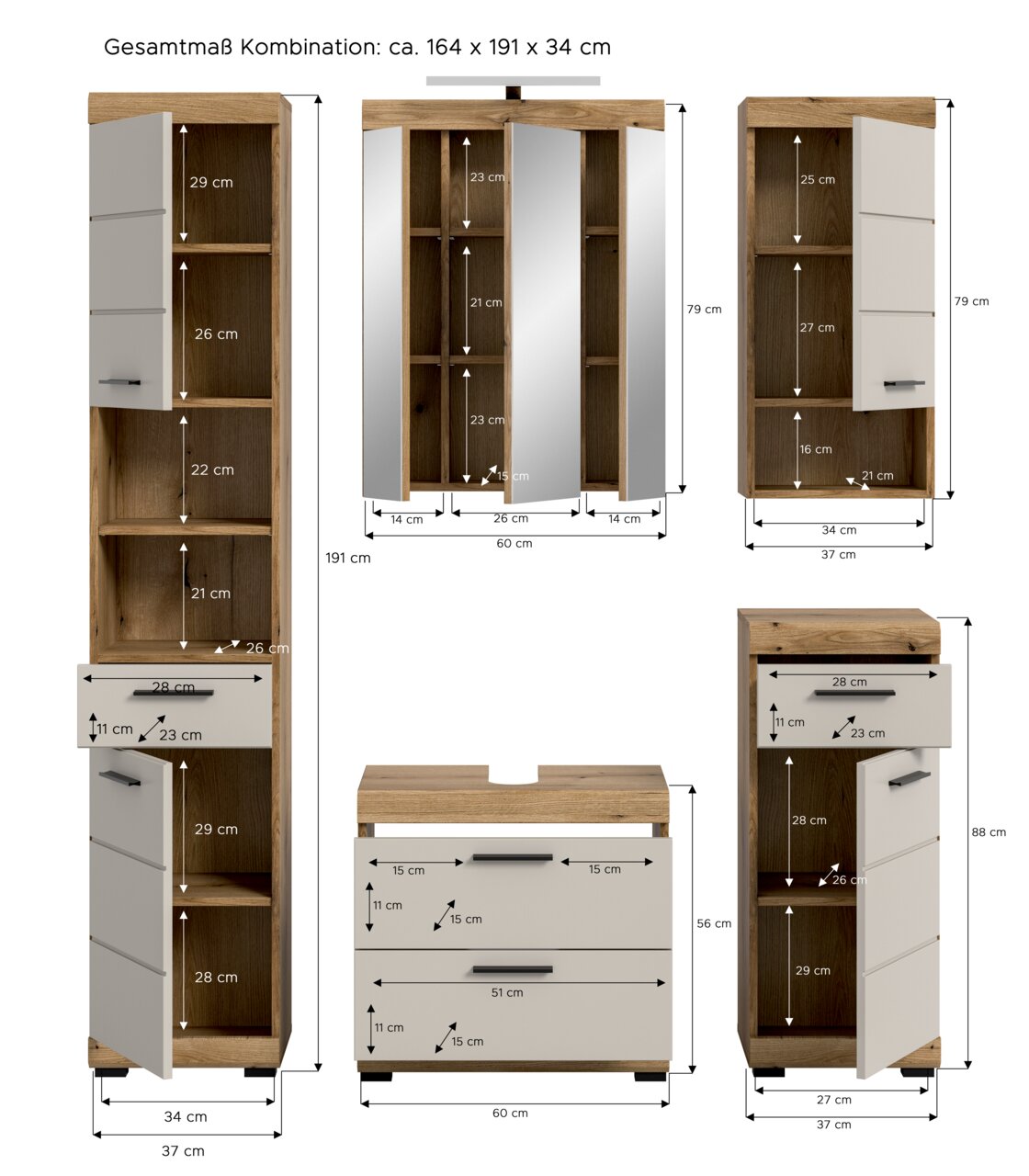 Badezimmermöbel-Set in Holzoptik mit weißen Fronten und schwarzen Griffen, bestehend aus Hochschrank, Spiegelschrank und Waschtischunterschrank, mit eingezeichneten Maßen; Ansicht frontal und seitlich mit geöffneten Türen und Schubladen.
