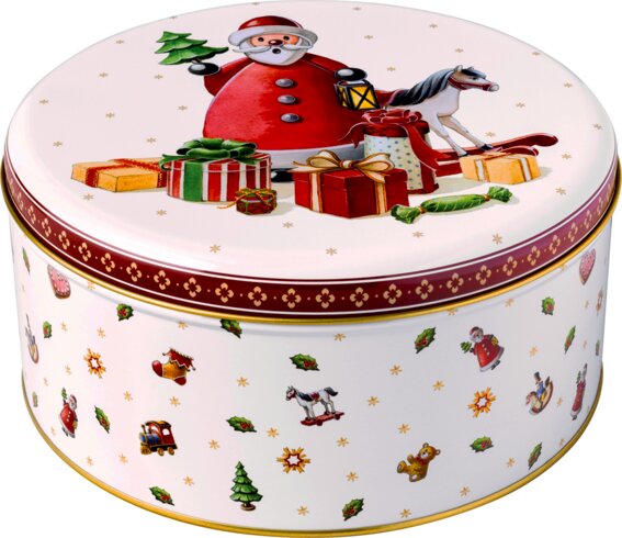 Runde Keksdose mit weihnachtlichem Design, zeigt einen Weihnachtsmann mit Geschenken und Spielzeug, seitliche Perspektive.