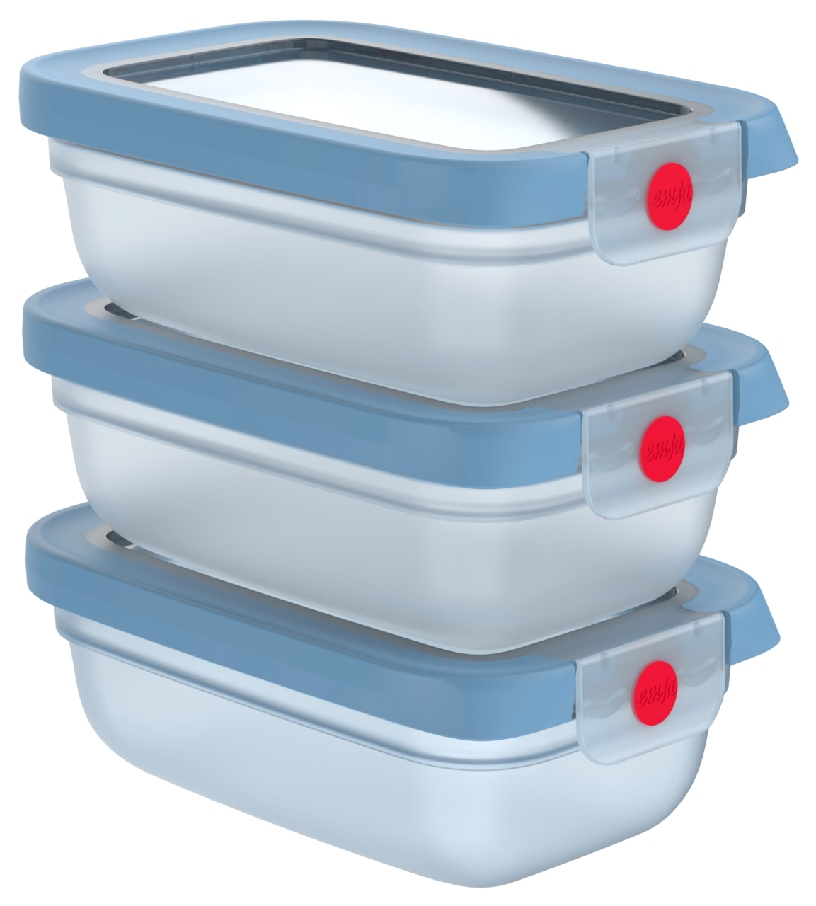 Emsa Frischhaltedosen-Set 3-tlg. ONE CLICK Dreiteiliges Frischhaltedosen-Set in blauer Farbe, gestapelt in seitlicher Perspektive.