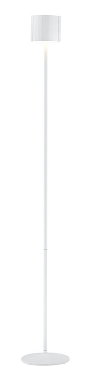 Weiße Akku-Stehleuchte mit rundem Sockel und zylindrischem Lampenschirm, seitliche Perspektive
