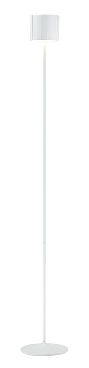 Weiße Akku-Stehleuchte mit rundem Sockel und zylindrischem Lampenschirm, seitliche Perspektive