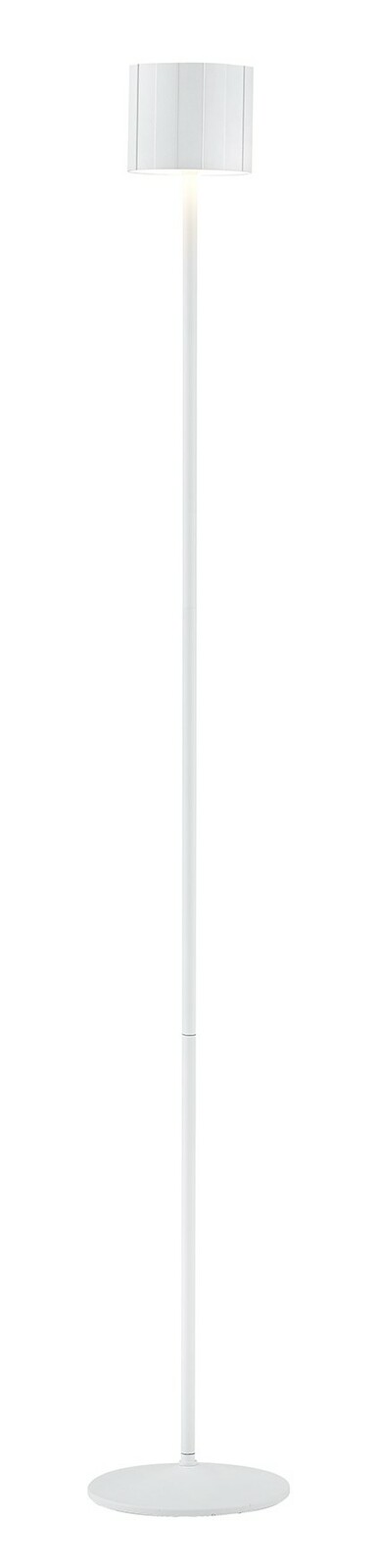 Weiße Akku-Stehleuchte mit rundem Sockel und zylindrischem Lampenschirm, seitliche Perspektive
