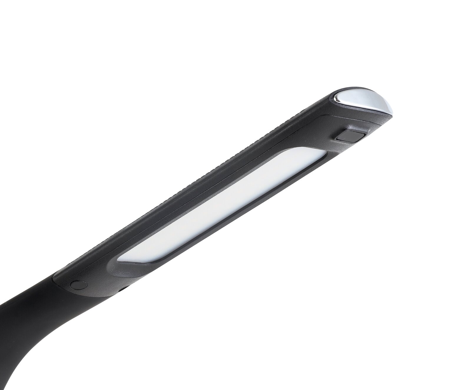 LED-Schreibtischleuchte in seitlicher Perspektive mit modernem Design und schwarzem Gehäuse.