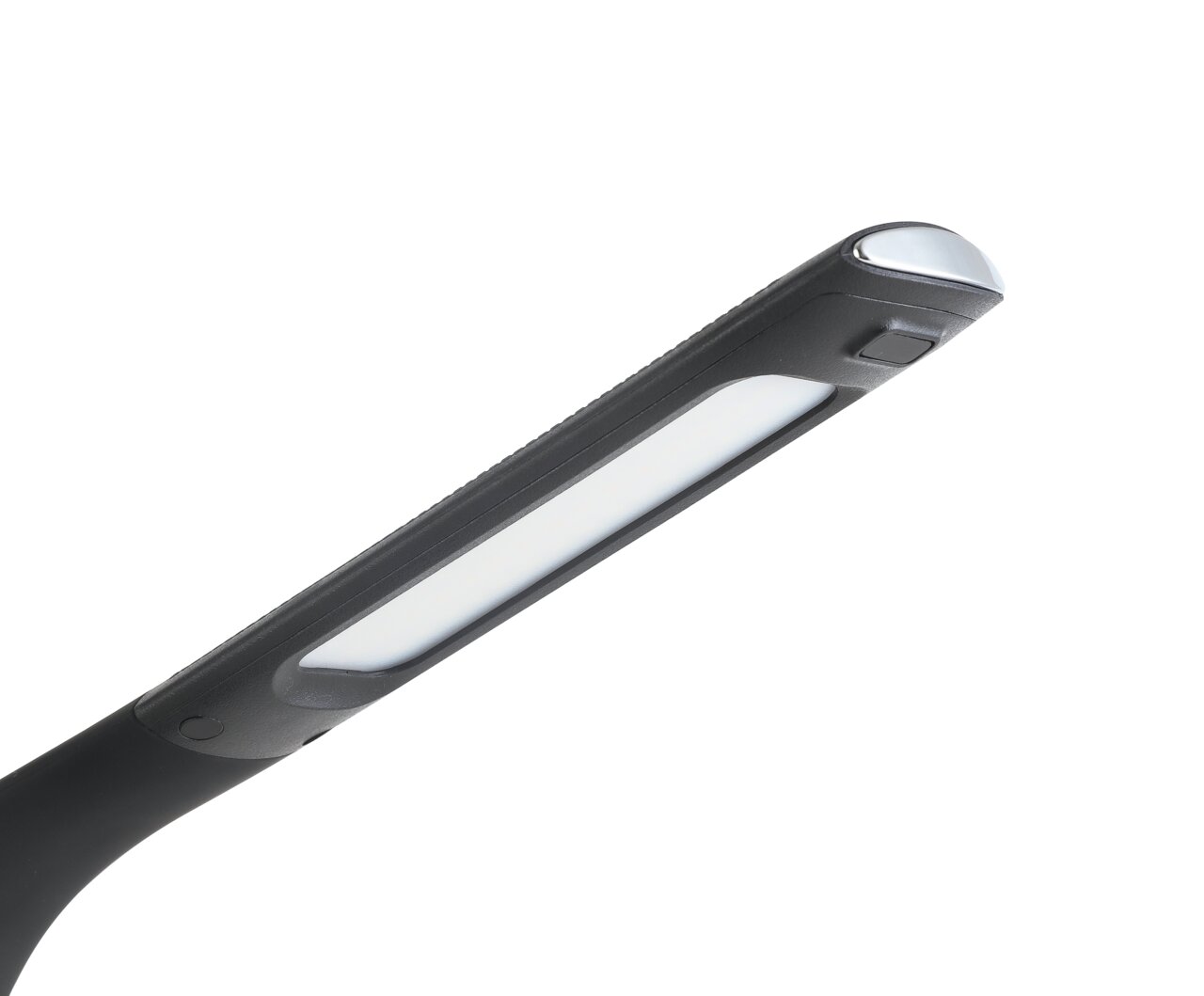 LED-Schreibtischleuchte in seitlicher Perspektive mit modernem Design und schwarzem Gehäuse.